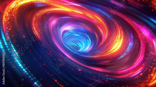 Abstract image of neon light lines swirling in a cosmic dance. With bright colors contrasting with the dark starry sky, the concept of quantum physics.