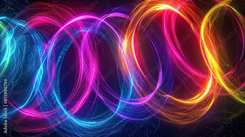 Abstract image of neon light lines swirling in a cosmic dance. With bright colors contrasting with the dark starry sky, the concept of quantum physics.