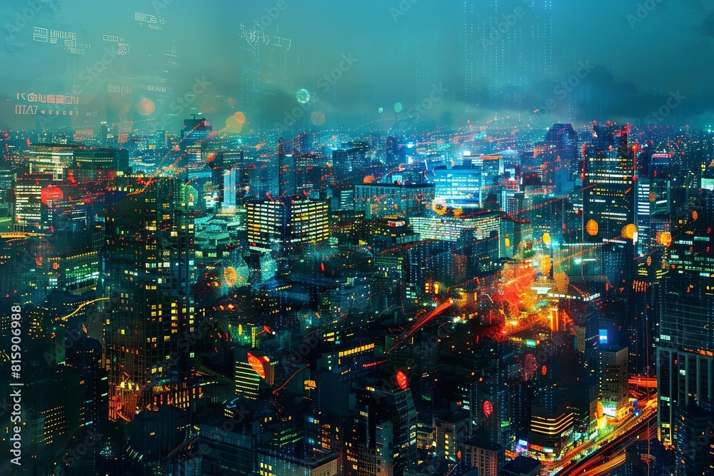 Night cityscape with digital data overlay
