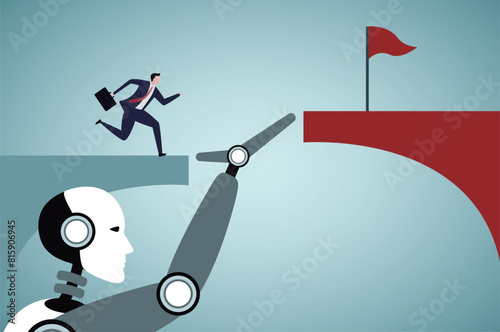 ig robot hand help business people cross problem gap. Support of AI to solve problem, chat bot with ai to help team success. Collaboration with a machine or automated system. vector