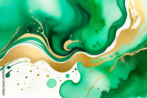 Green and gold watercolor marble abstract background. Decorative wavy watercolor pattern imitating marble texture