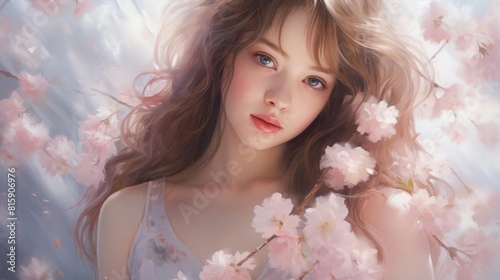 A portrait of a young girl with cherry blossoms gently falling around her  with soft pink hues effects  in a delicate and serene style with gentle light and pastel colors  in the style of a hyper real