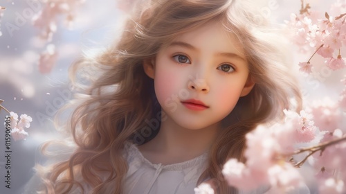 A portrait of a young girl with cherry blossoms gently falling around her, with soft pink hues effects, in a delicate and serene style with gentle light and pastel colors, in the style of a hyper real