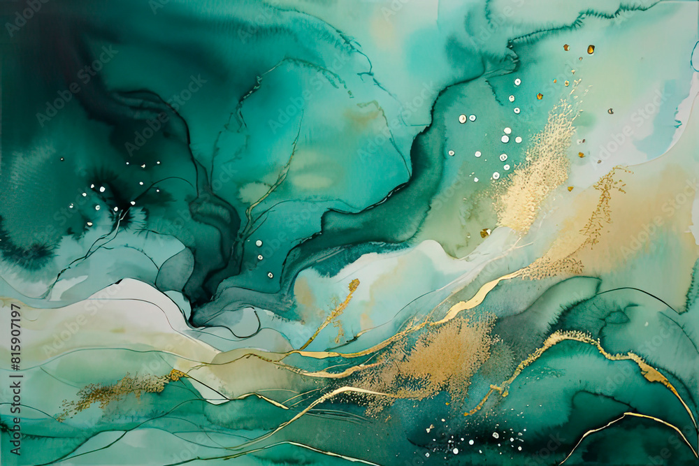 Abstract watercolor atmospheric background in emerald and gold colors. Smooth blurred watercolor pattern with waves and color transitions Abstract watercolor atmospheric background in emerald and gold colors. Smooth blurred watercolor pattern with waves and color transitions