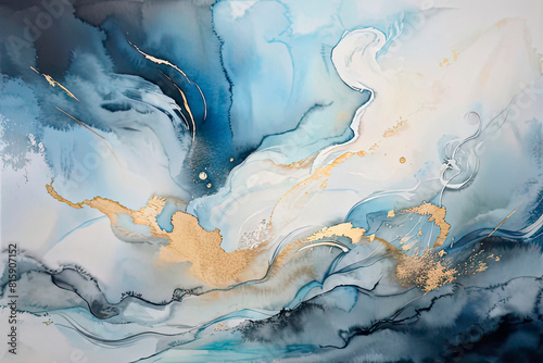 Abstract watercolor cloudy atmospheric background in dark blue and gold colors. Decorative wavy watercolor pattern imitating cloudiness