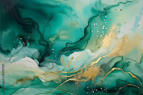 Abstract watercolor atmospheric background in emerald and gold colors. Smooth blurred watercolor pattern with waves and color transitions