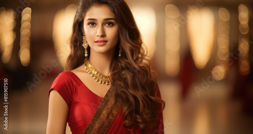 beautiful Indian actress in a red saree, gold jewellery earrings and necklaces, beautiful brown hair with long wavy waves, golden eyes