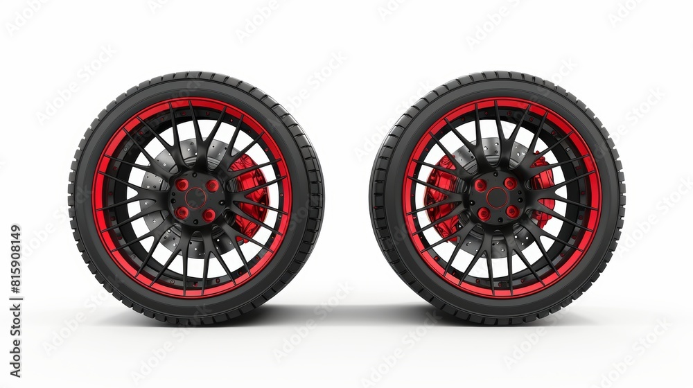 Wheel with red brake gear and Japanese steel disk isolated on white background. Realistic 3D icon of JDM wheel with black rubber tire for automobiles. Wheel with red brake gear and Japanese steel disk isolated on white background. Realistic 3D icon of JDM wheel with black rubber tire for automobiles.