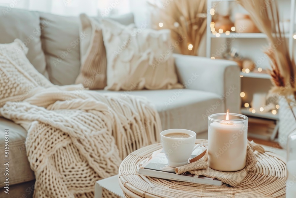 A cozy interior adorned with minimalist decor, featuring soft lighting, neutral tones.