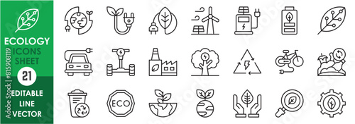 A set of line icons related to ecology and eco-friendly objects. Electrical devices, pollution free, zero waste, clean, environment related outline icons.