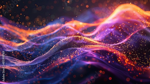 Dynamic digital artwork featuring vibrant  flowing waves with glowing particles across a starry backdrop.