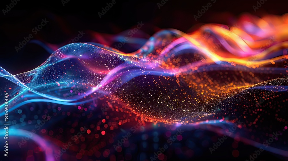 Fototapeta premium Dynamic digital artwork featuring vibrant, flowing waves with glowing particles across a starry backdrop.