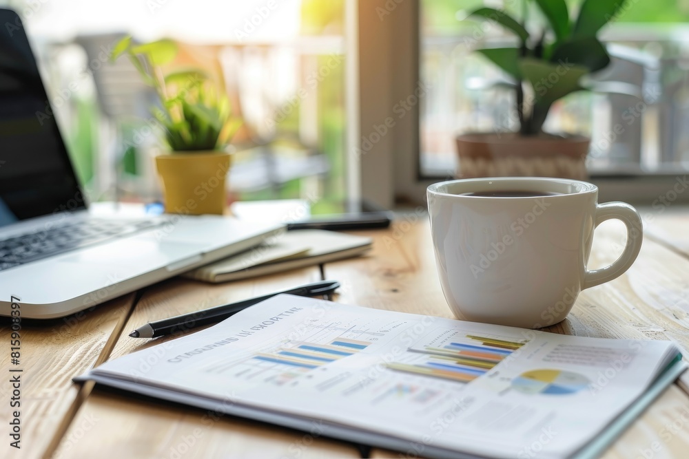 home office workspace with notebook and coffee cup and paper sheet, business lifestyle concept. home office workspace with notebook and coffee cup and paper sheet, business lifestyle concept.