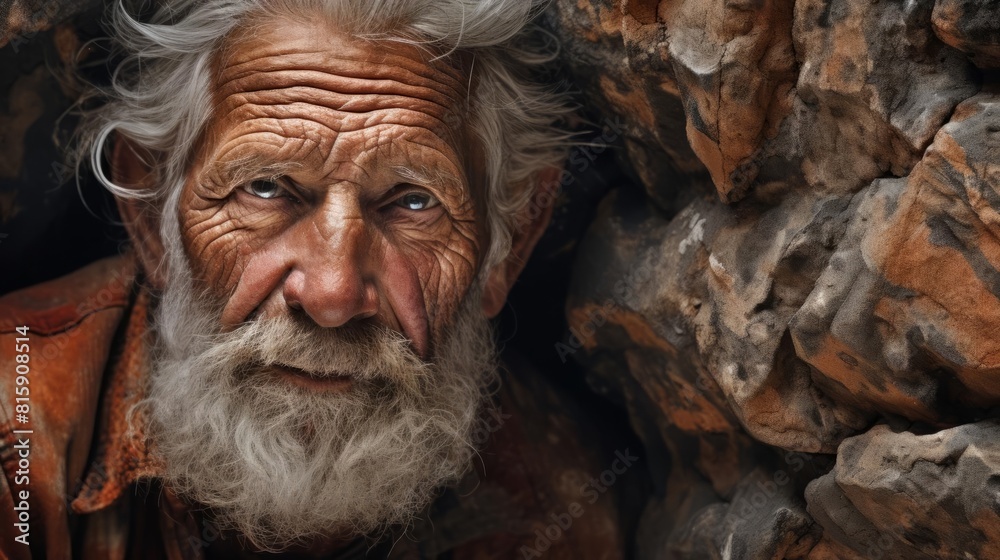 A portrait of an old man with rocks and minerals embedded in his skin, with earthy texture effects, in a solid and grounded style with natural hues and detailed textures, in the style of a hyper reali