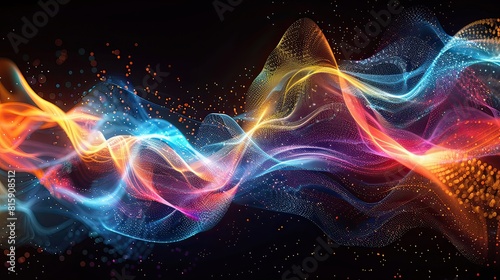 Dynamic digital artwork featuring vibrant, flowing waves with glowing particles across a starry backdrop.