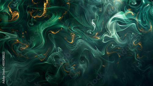 Swirling smoke patterns with vivid emerald and gold hues over a dark, shadowy backdrop