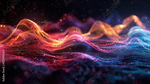Dynamic digital artwork featuring vibrant, flowing waves with glowing particles across a starry backdrop.