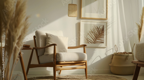 Modern composition in stylish living room interior with design armchair mock up poster frames carpet decoration dried flowers rattan basket and elegant accessories in home decor : Generative AI