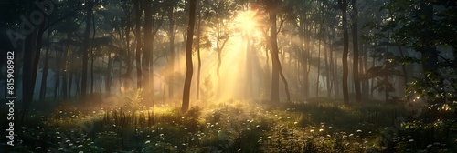 Light shining through a forest at dawn realistic nature and landscape