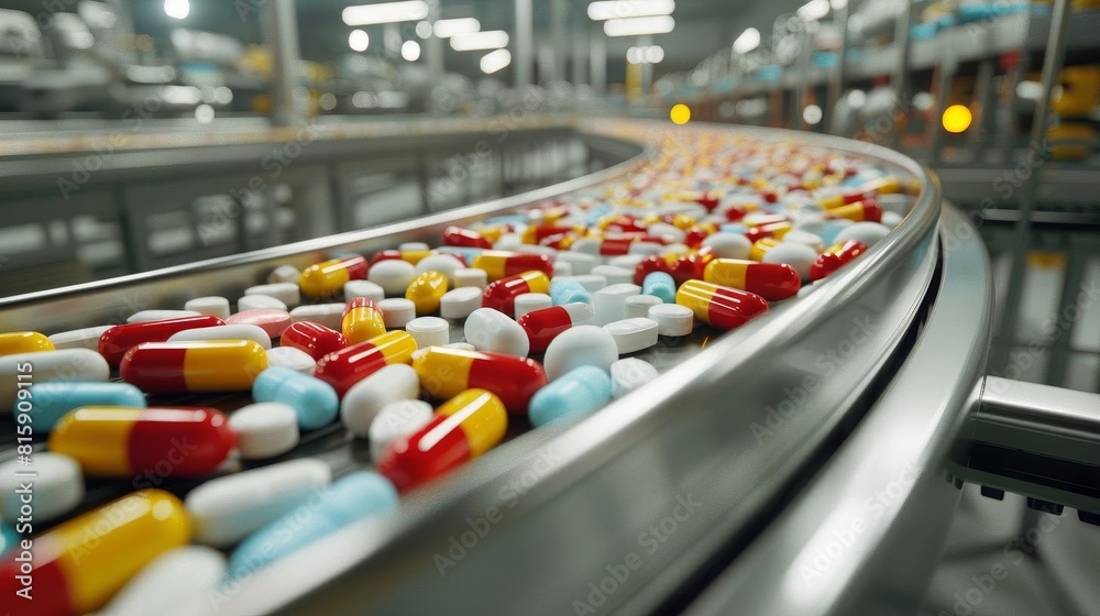 Obraz premium Pharmaceutical pills on a conveyor belt in a factory