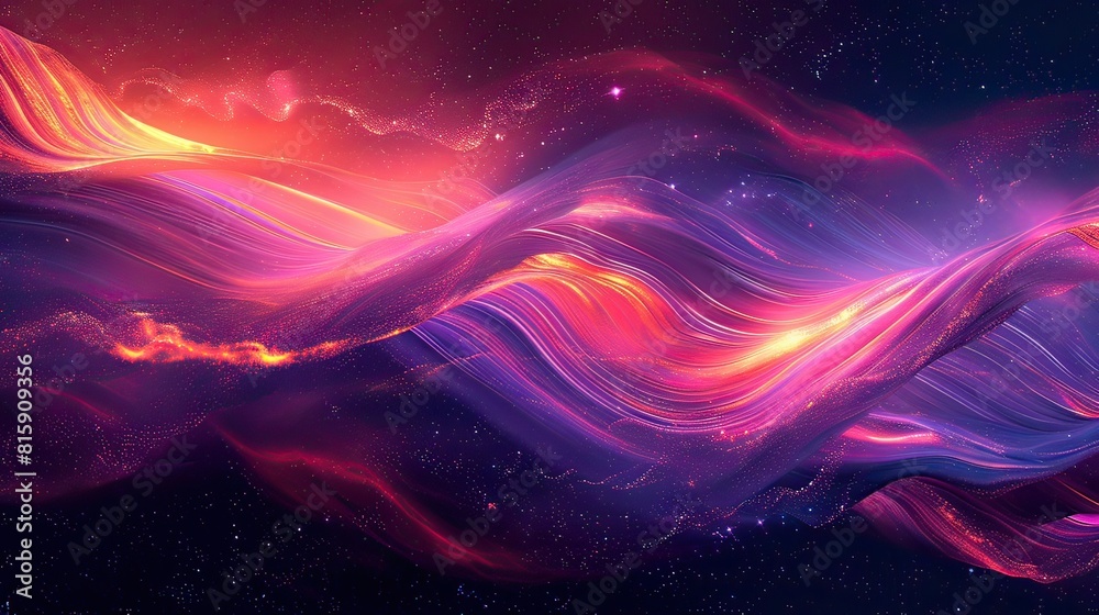 Dynamic digital artwork featuring vibrant, flowing waves with glowing particles across a starry backdrop.