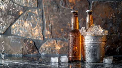 Two beer bottles in an ice bucket on a stone textured bar surface
