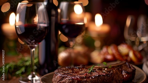 A steak dinner for two served with a bottle of red wine  creating a romantic and intimate dining atmosphere.