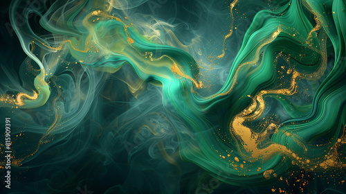 Swirling smoke patterns with vivid emerald and gold hues over a dark, shadowy backdrop