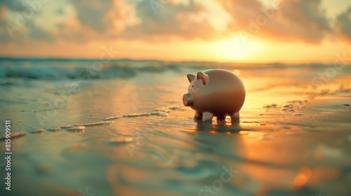 Piggy bank on a beach symbolizing savings and vacations photo