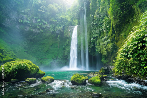 A spectacular waterfall plunging into an emerald pool below, surrounded by verdant foliage, moss-covered rocks, and misty spray, creating a mesmerizing tableau of natural beauty and aquatic splendor.  photo