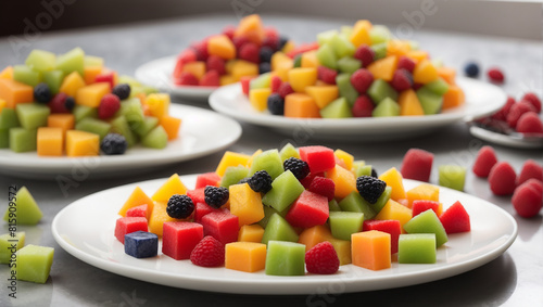 There are several plates of fruit salad.