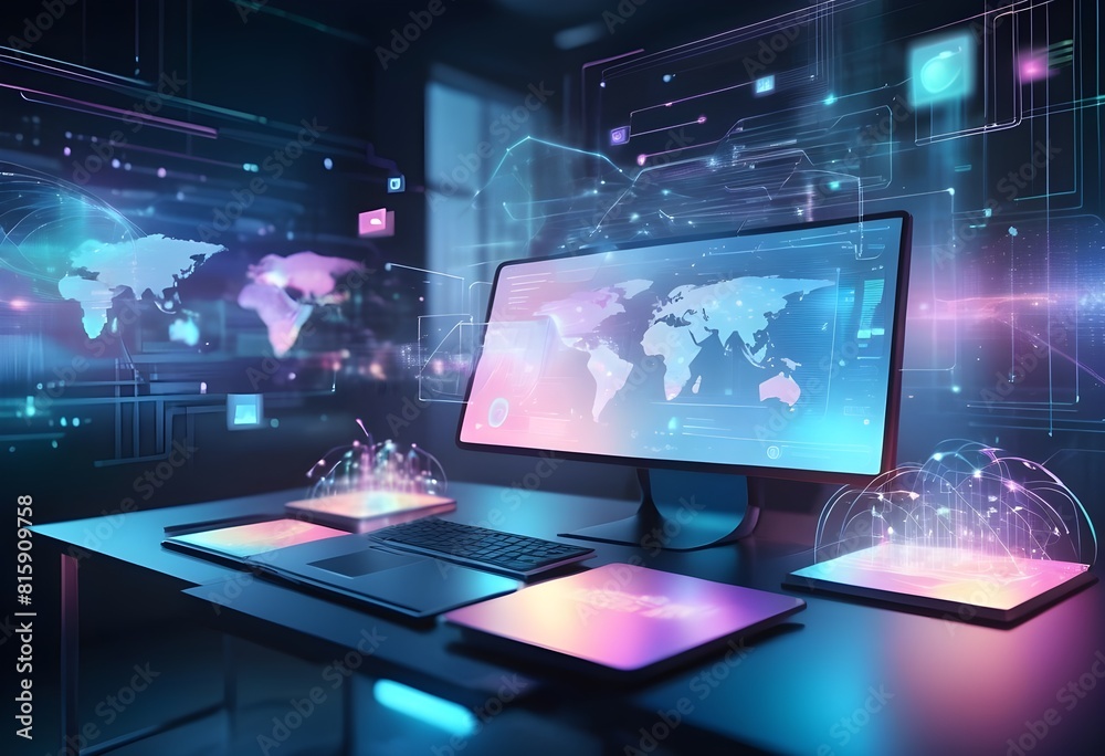 Fototapeta premium Futuristic digital technology, internet network connection concept. Data exchange, digital transformation with glowing digital interfaces and floating data elements