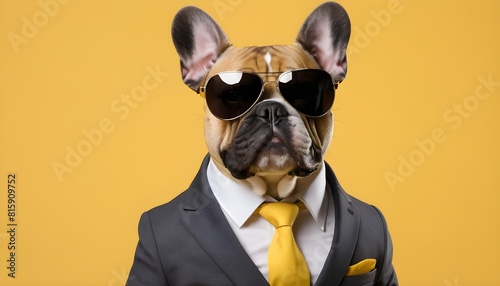 Whimsical stylish french bulldog with sunglasses and suit, isolated on orange background © Adam