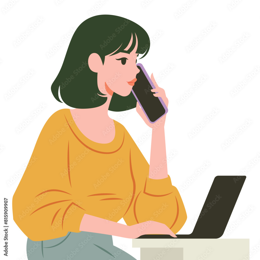 A business woman online meeting on laptop and talking to the smartphone illustration A business woman online meeting on laptop and talking to the smartphone illustration