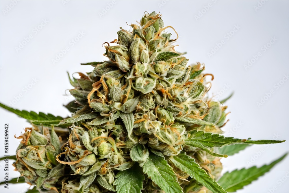 Obraz premium Closeup of mature cannabis flower with buds, isolated on white background. Medical marijuana.