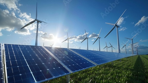 A photorealistic image of solar panels and wind turbines against the blue sky.