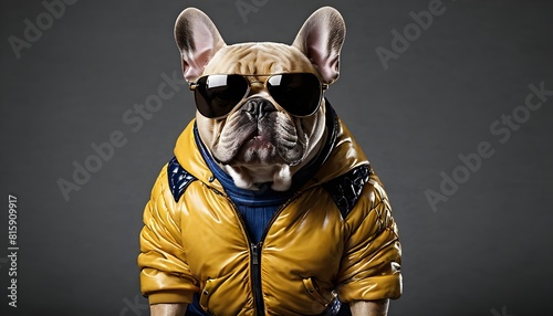 Funny french bulldog in sunglasses and yellow jacket, isolated on gray background © Adam