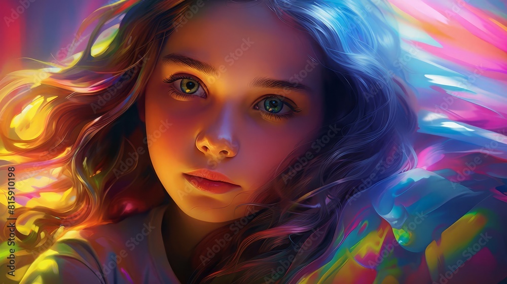 A portrait of a young girl with rainbow reflections on her skin, with prismatic light effects, in a colorful and vibrant style with bright highlights and soft gradients, in the style of a hyper realis