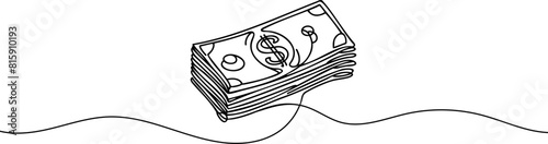 a stack of paper money, cash, banknotes, dollars, in one line. Continuous line drawing of dollars