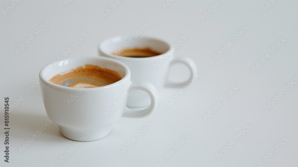 Zoom in on a pair of espresso cups, one slightly behind the other, close-up, whimsical, Manipulation, with a pristine white background to focus on the details of the coffee Zoom in on a pair of espresso cups, one slightly behind the other, close-up, whimsical, Manipulation, with a pristine white background to focus on the details of the coffee
