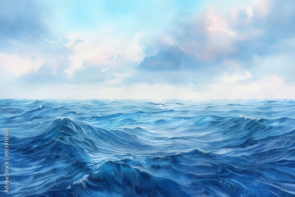 Capture the vast, cerulean expanse of the oceans meeting the sky in a serene and surreal watercolor painting, showcasing gentle waves in intricate detail