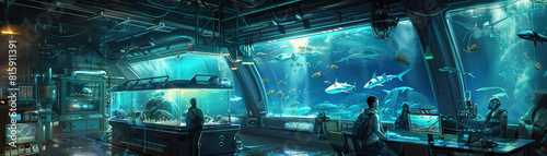 Marine Research Center Floor: Featuring aquarium tanks, research vessels, underwater exploration equipment, and marine biologists studying marine life photo
