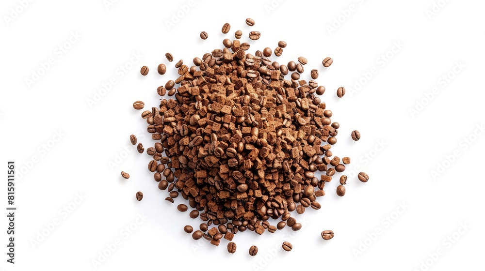 Instant coffee granules on white background Aerial view Instant coffee granules on white background Aerial view