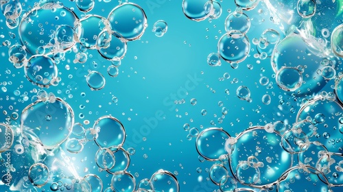 3D modern illustration with air bubbles and effervescent water fizz. Dynamic aqua motion, randomly moving underwater fizz.
