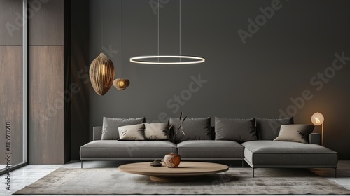 Home mockup, modern grey interior with brown decoration.