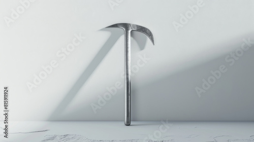 Elegant modern pickaxe featuring a silver head and a long sleek handle against a minimalistic white background with soft shadows.