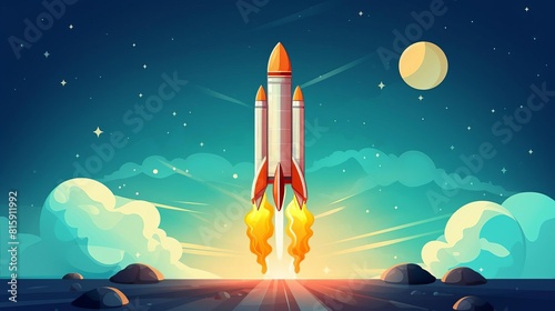 Fototapeta Naklejka Na Ścianę i Meble -  rocket launch flat design top view space exploration theme cartoon drawing Analogous Color Scheme