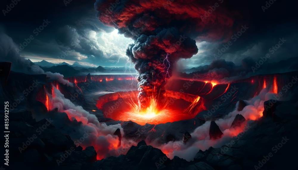 A volcanic crater violently erupts, spewing red-hot lava and dense ash clouds into a stormy sky, illuminating the twilight.