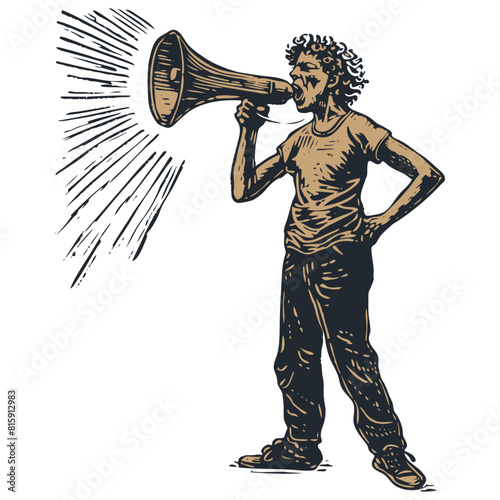 Man is a speaker with a loudspeaker, vector illustration