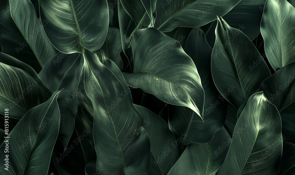 A closeup of large, dark green leaves in the background. The leaves create an elegant and natural pattern in the style of nature that adds depth to your design A closeup of large, dark green leaves in the background. The leaves create an elegant and natural pattern in the style of nature that adds depth to your design